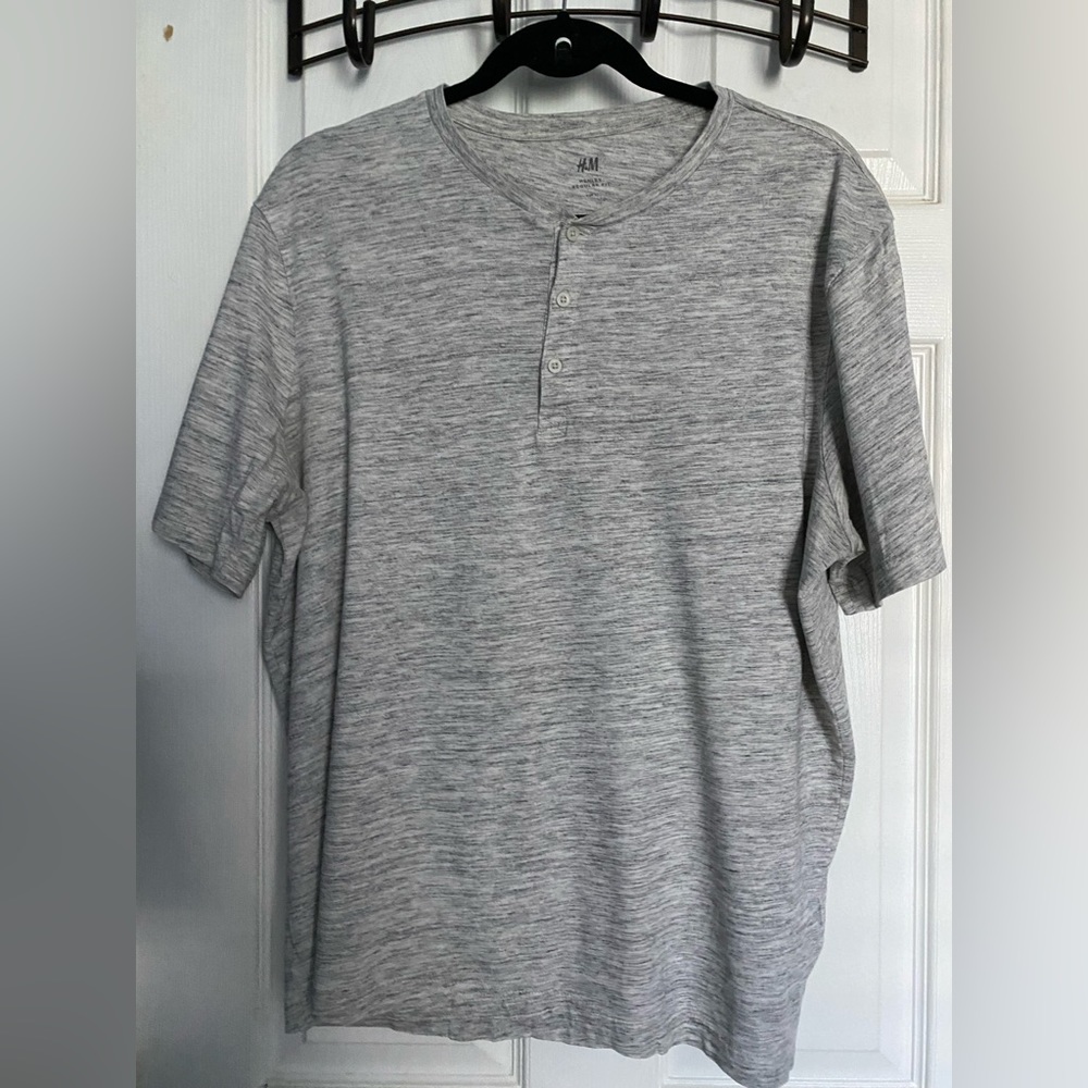 H&M Henley Short Sleeve Regular Fit Shirt, Heathered Gray, XL